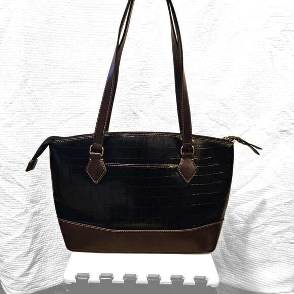 St. John's Bay Women's Black/Brown Crocodile Faux Leather Westbrook Satchel Bag - Picture 2 of 10